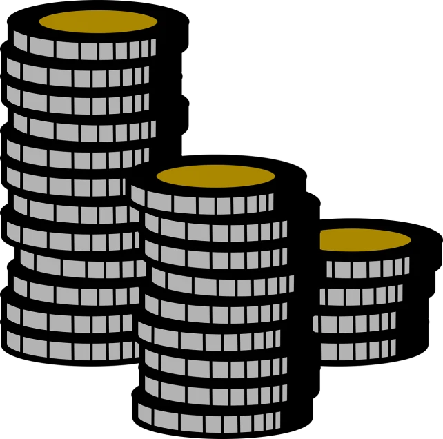 a stack of coins sitting on top of each other, a screenshot, pixabay, bauhaus, three towers, with a black background, cell shaded graphics, glittering