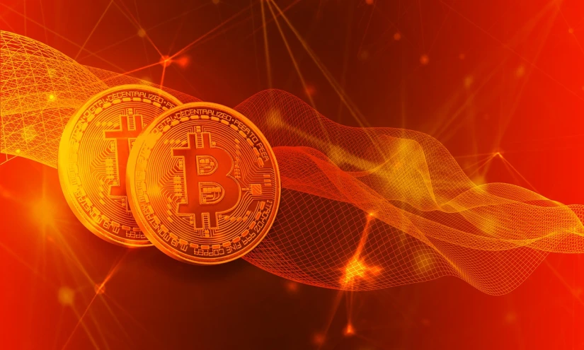two bitcoins sitting on top of each other, a digital rendering, shutterstock, conceptual art, red and orange glow, red banners, fibonacci flow, bright and energetic