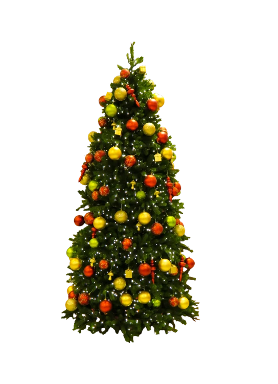 a decorated christmas tree on a black background, a portrait, baroque, fruit trees, full of colour 8-w 1024, h- 1024, -w 1024