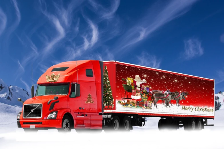 a large red truck driving down a snow covered road, shutterstock contest winner, realism, fully decorated, a full-color airbrushed, right side profile, trailer