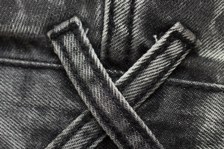 a close up of a tie on a pair of jeans, a stipple, inspired by Katsushika Ōi, flickr, black and grey, harnesses, 3 d close - up, folds
