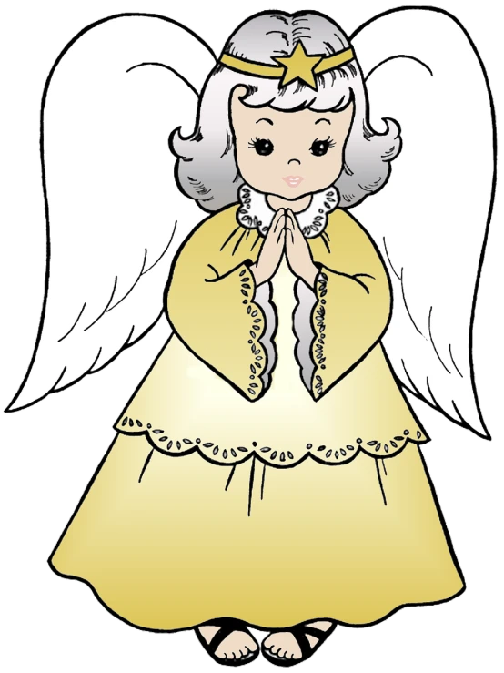 an angel with a crown on her head, inspired by Marie Angel, pixabay, with yellow cloths, with short bobbed white hair, precious moments, christmas