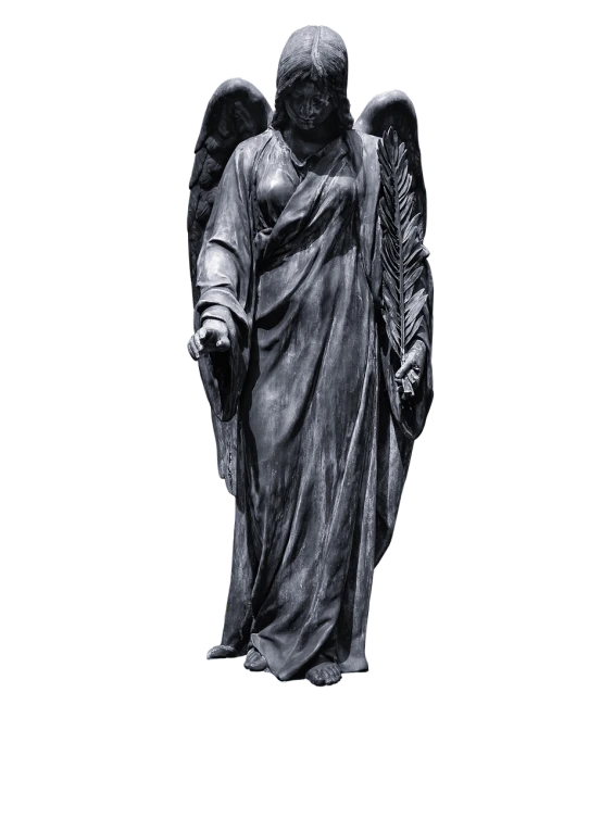 a black and white photo of a statue of an angel, a statue, baroque, on a flat color black background, clothed in ancient, detailed zoom photo, from waist up