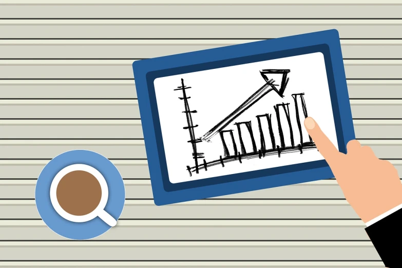 a person holding a tablet next to a cup of coffee, analytical art, stats, hand drawn illustration, set photo, trading stocks