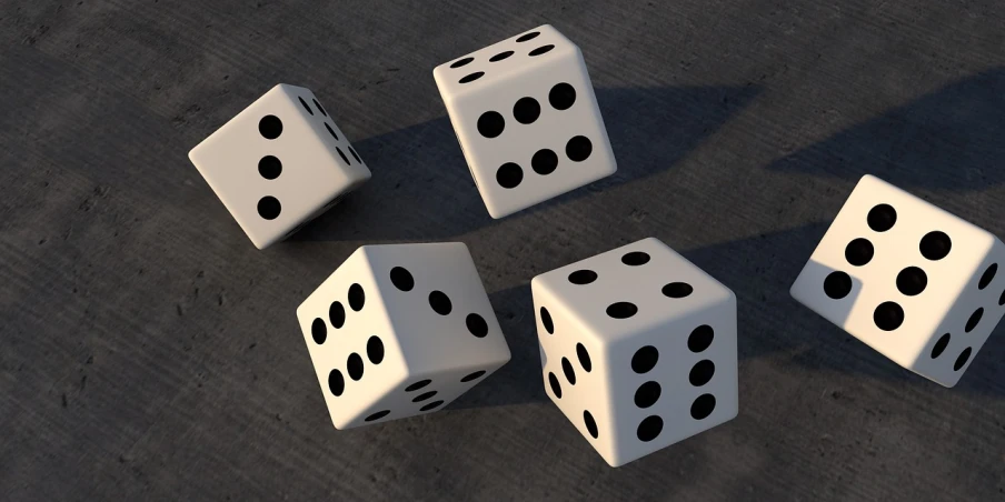 a group of four dice sitting on top of a table, by Andrew Domachowski, digital art, random content, cubic and right angles, falling, screengrab
