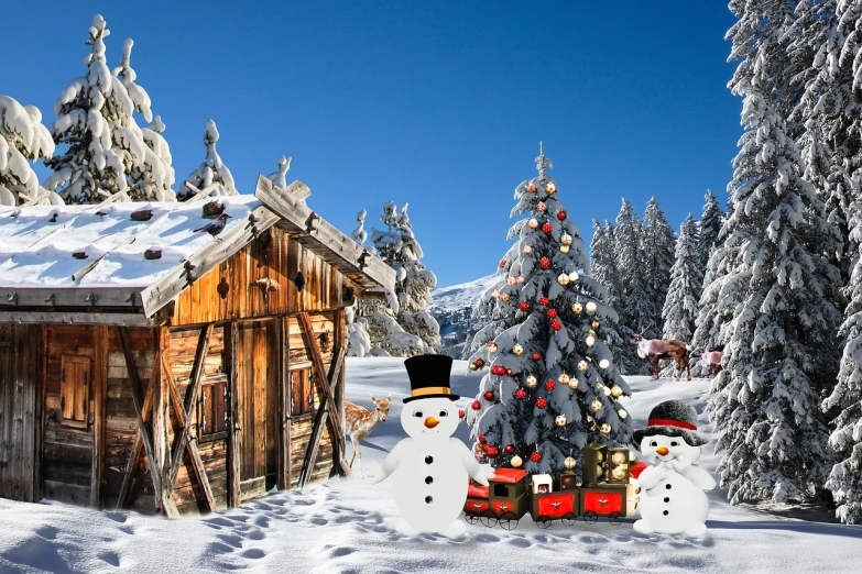 a couple of snowmen standing next to a christmas tree, a picture, pixabay, folk art, log cabin beneath the alps, 🕹️ 😎 🔫 🤖 🚬, wallpaper - 1 0 2 4, group photo