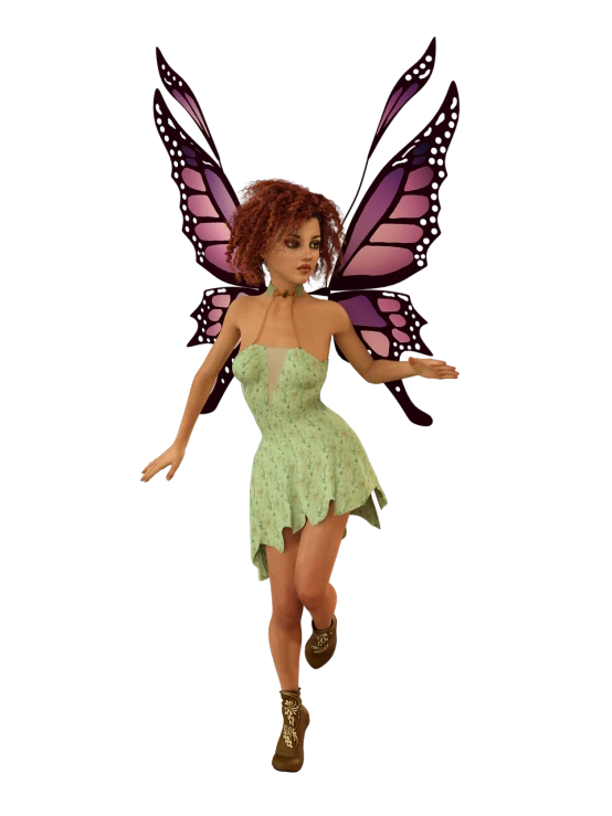 a woman dressed as a fairy flying through the air, a raytraced image, inspired by Daphne Fedarb, fake 3d meshes!!, brunette fairy woman, tattered green dress, young redhead girl in motion