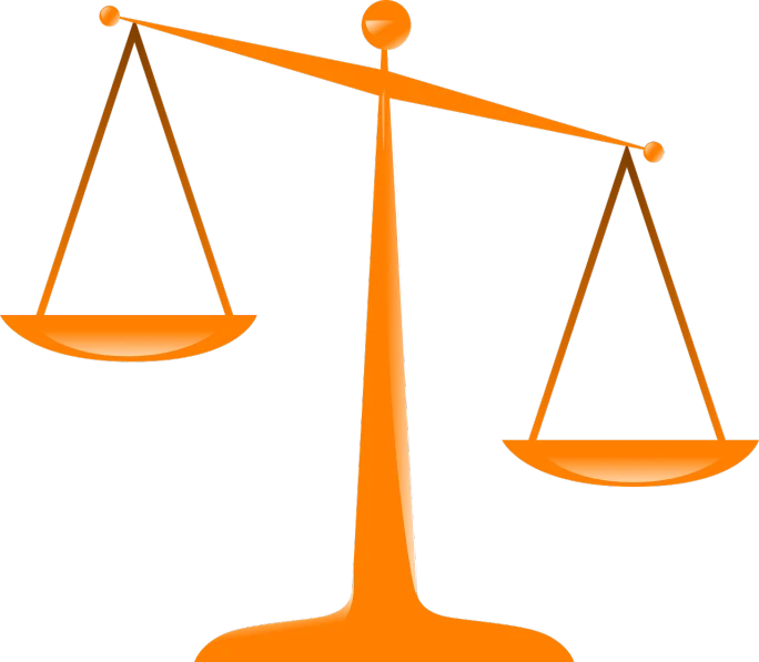 a pair of scales sitting on top of each other, by Zoran Mušič, pixabay, digital art, orange and black, court drawing, witness stand, single flat colour