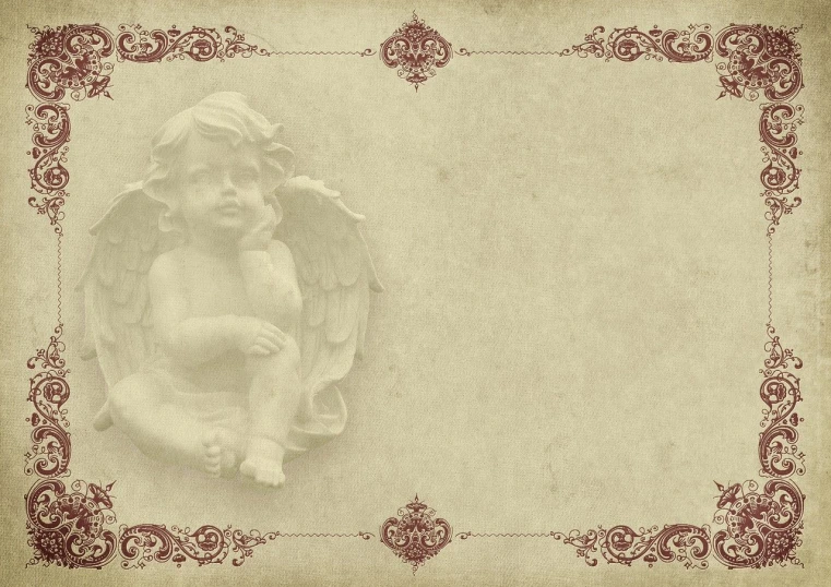 a close up of a statue of an angel, trending on pixabay, baroque, textured parchment background, ornate border frame, background image, medium wide shot