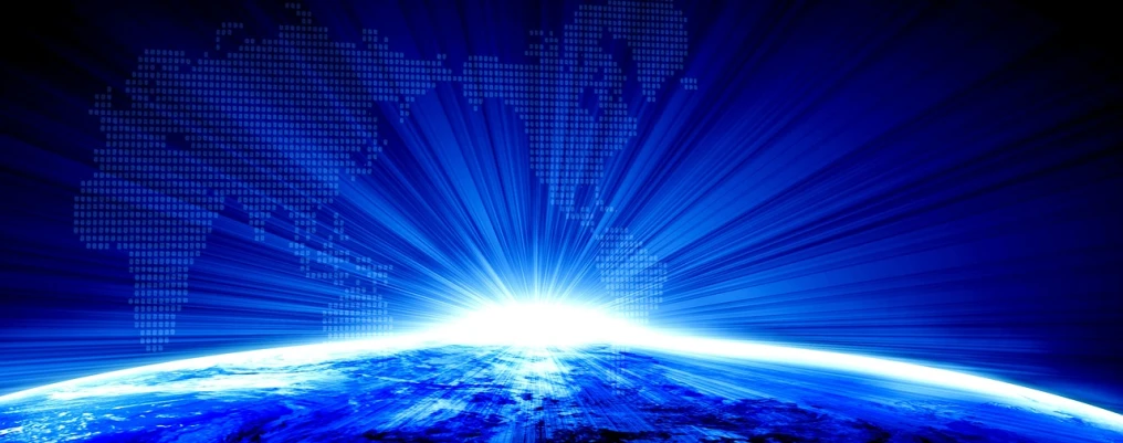 a view of the earth with the sun rising over it, digital art, bursting with blue light, corporate, definition, rays