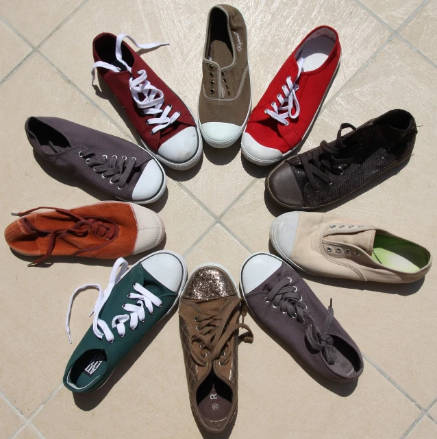 several pairs of shoes arranged in a circle, flickr, pentagrams, convertable, hemp, maroon