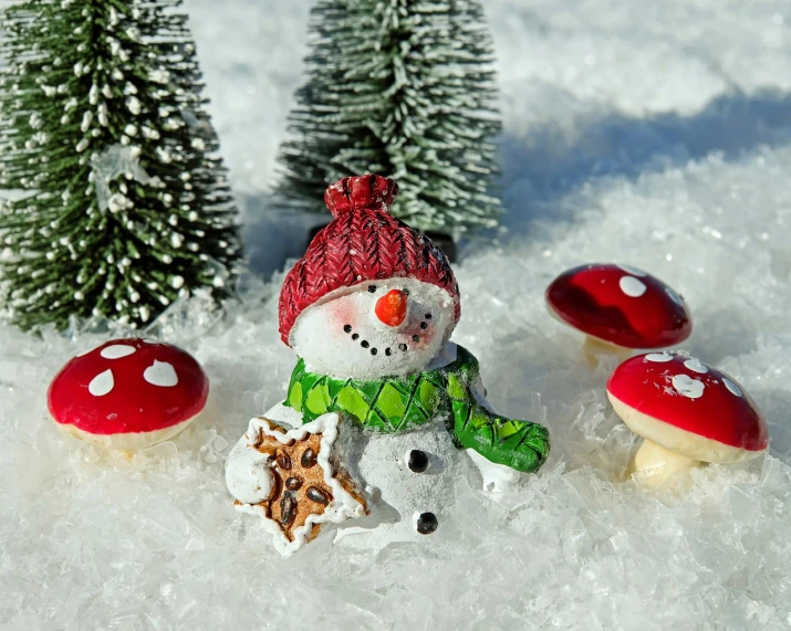 a snowman that is sitting in the snow, a picture, inspired by Rudolph F. Ingerle, cute miniature resine figure, toadstools, background image, 3 4 5 3 1
