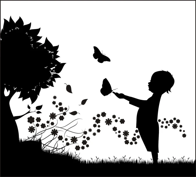 a black and white silhouette of a child playing with a butterfly, vector art, inspired by Aaron Douglas, pixabay contest winner, flowers and butterflies, silhouettes in field behind, cutest, pc wallpaper