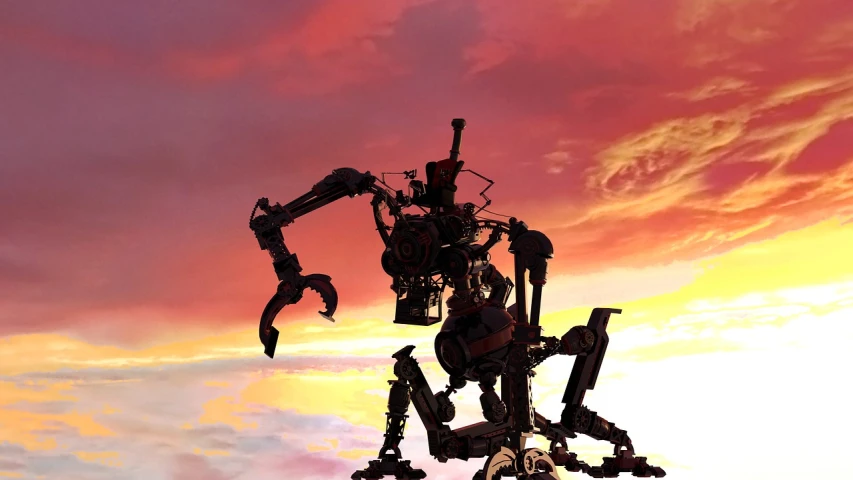 a giant robot standing on top of a building, inspired by Ian McQue, neo-dada, sunset view, lego avatar, made from mechanical parts, animatronic