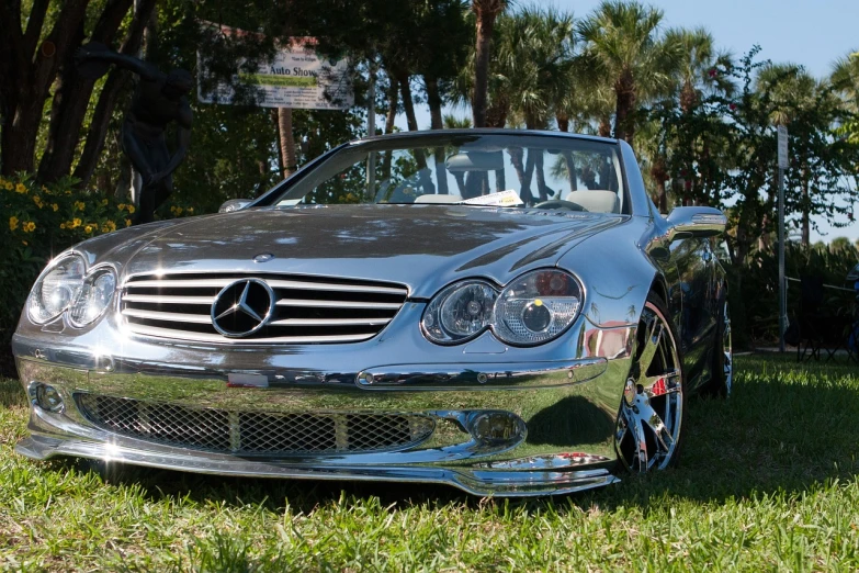 a silver car parked on top of a lush green field, inspired by Drew Tucker, shutterstock contest winner, in style of chrome hearts, mercedez benz, extremely detailed frontal angle, professional paint job