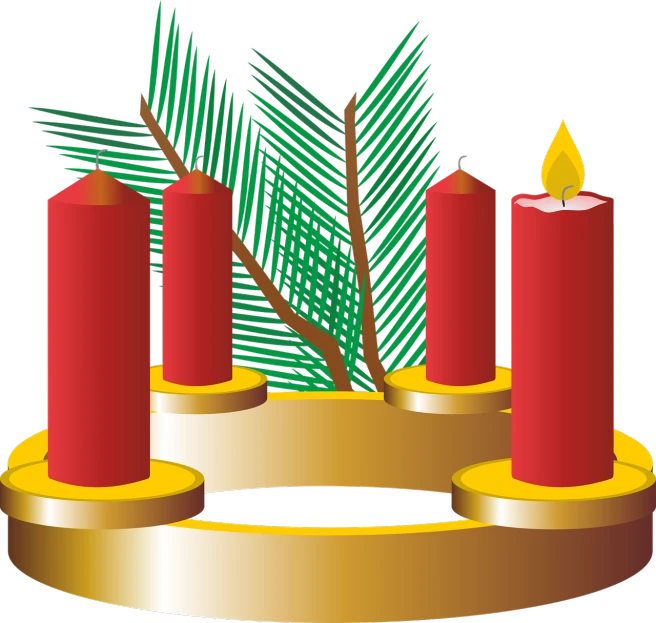 a group of three candles sitting on top of a table, a digital rendering, baroque, laurel wreath on his head, blessing palms, gold and red metal, clipart