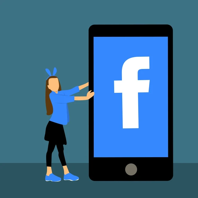 a woman standing next to a phone with the facebook logo on it, pixabay, digital art, fun pose, large screen, flat color, trending photo