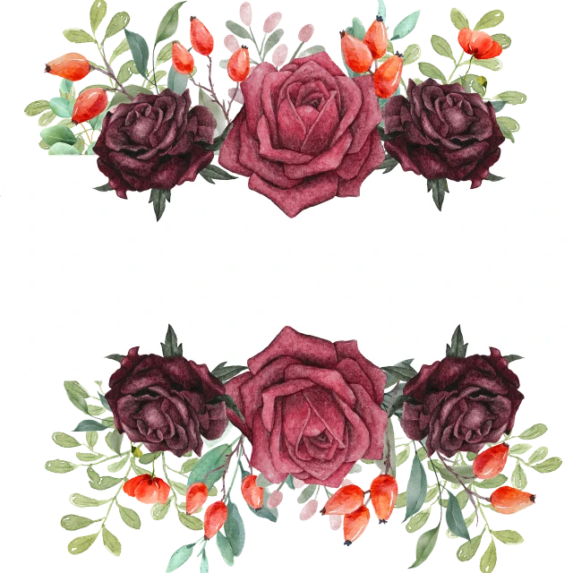 a floral frame with red roses and green leaves, a watercolor painting, by Nagasawa Rosetsu, shutterstock, palette is black violet gray red, dark red and black color palette, logo without text, with blunt brown border