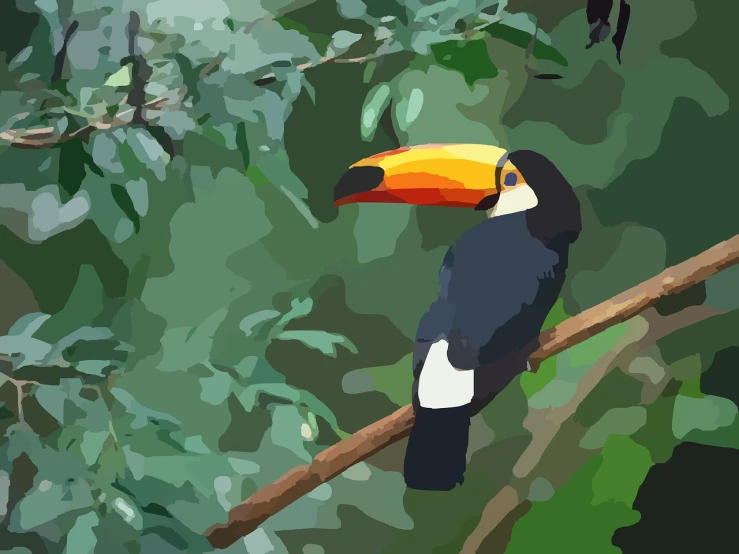 a colorful bird sitting on top of a tree branch, a digital painting, picture taken in zoo, 6 toucan beaks, svg illustration, side view close up of a gaunt