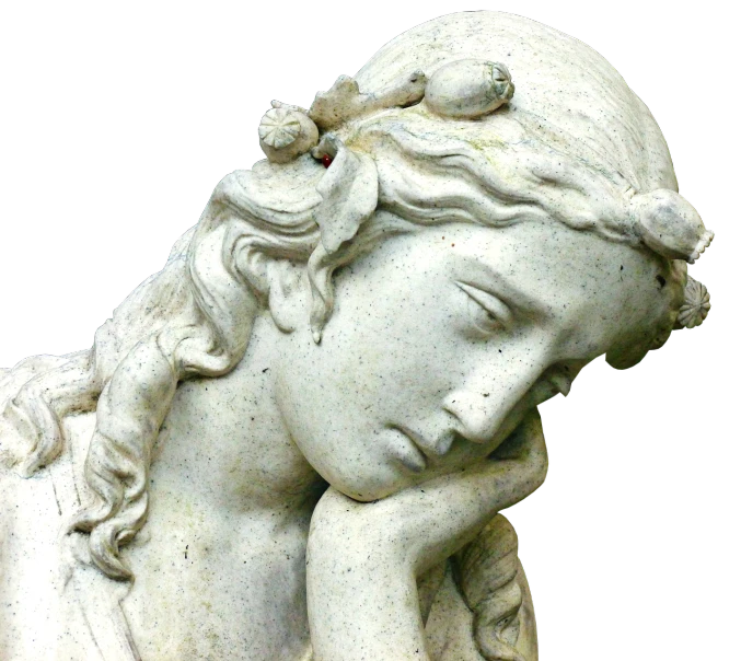 a statue of a woman with a bird on her head, a statue, by Paul Davis, romanticism, sorrow and despair, resting head on hands, medium detail, goddess of sleep