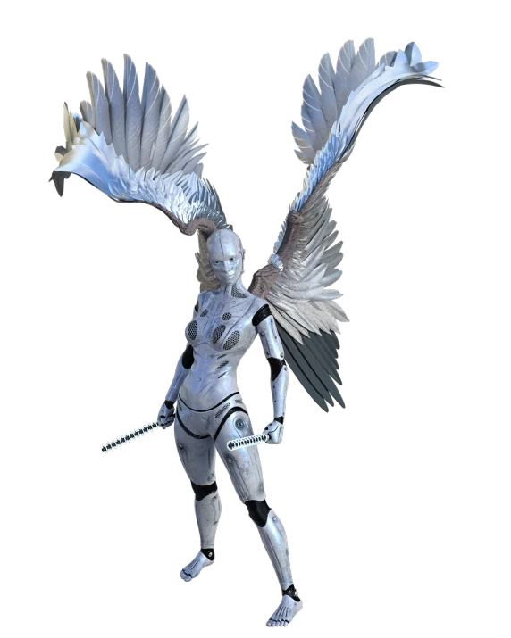 a statue of an angel holding a sword, a 3D render, inspired by Joseph Clement Coll, girl in mecha cyber armor, glass helmets and dove wings, white metal armor, alita battle angel