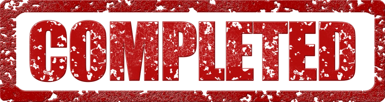 a red sign that says completed on a black background, a stipple, inspired by Tom Phillips, trending on pixabay, graffiti, blood temple, concrete brick background, heavy metal band promo, header with logo