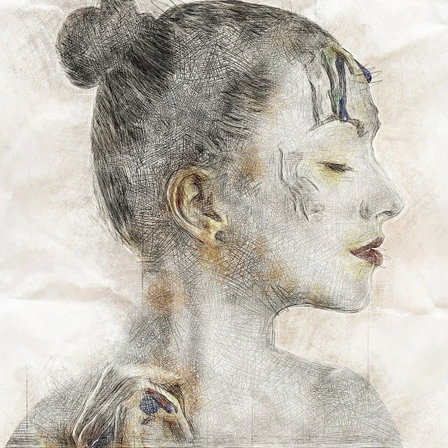 a drawing of a woman with her eyes closed, a digital painting, by Kurt Roesch, trending on pixabay, portrait of a ballerina, mixed media style illustration, damaged photo, geisha photo portrait