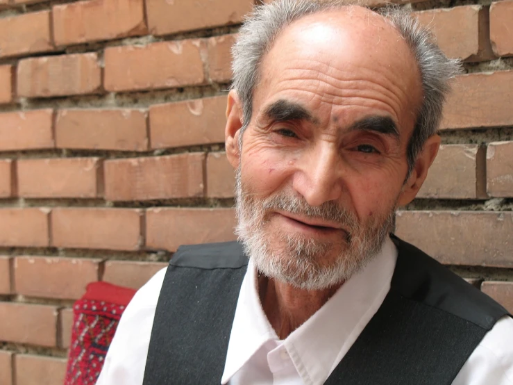 a man standing in front of a brick wall, a portrait, by Abdullah Gërguri, he is about 7 0 years old, sideburns, navid negahban, khomeini