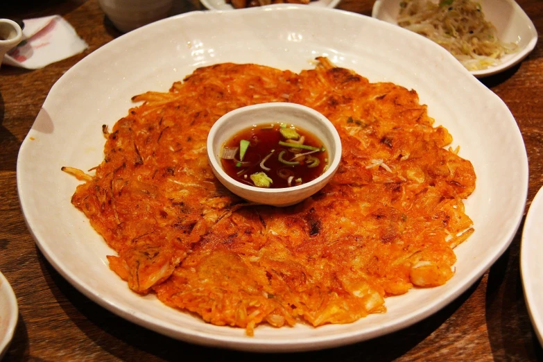 a close up of a plate of food on a table, inspired by Byeon Sang-byeok, flickr, shin hanga, wet shredded red meat, pancake short large head, battered, carrot