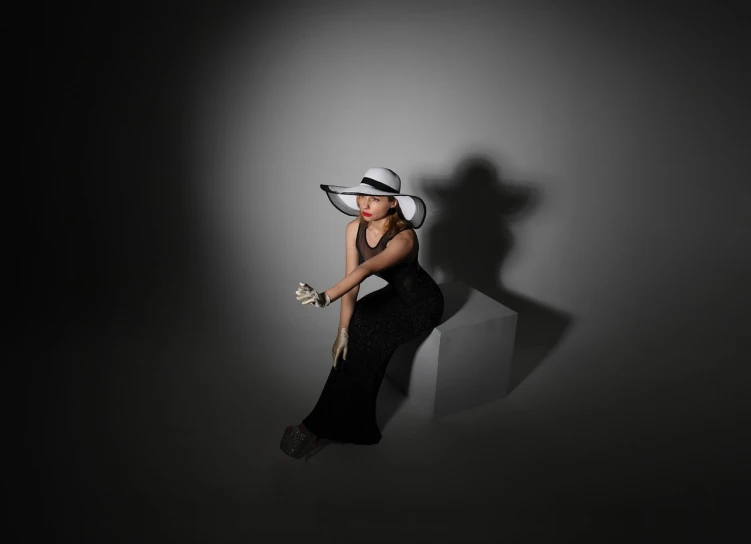 a woman in a black dress and a white hat, inspired by Horst Antes, art photography, volumetric studio lighting, barbra streisand sitting, marketing photo, benjamin vnuk