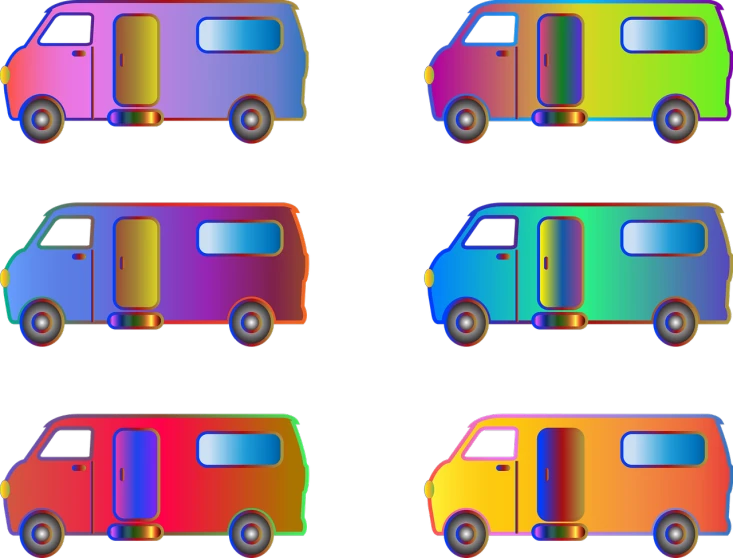 a set of four different colored vans on a black background, by Jan Rustem, flickr, computer art, camper, neochrome colors, ( ( ( buses, spritesheet