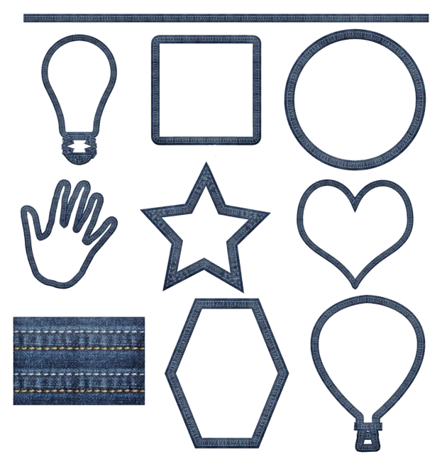a set of denim design elements on a black background, pixabay, ascii art, neon lamp, shaped picture, rendered, simple path traced
