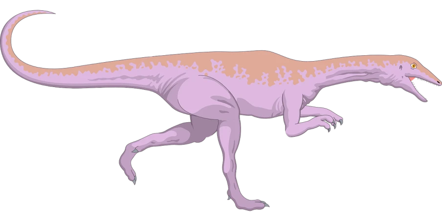 a close up of a dinosaur on a black background, an illustration of, inspired by Adam Rex, trending on pixabay, pink body, fullbody view, purple flesh, albino