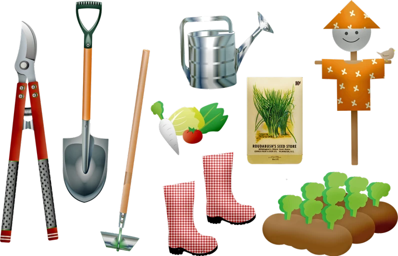 a collection of gardening tools on a black background, by Ingrida Kadaka, pixabay, naive art, avatar image, farm land, complete scene, full body image