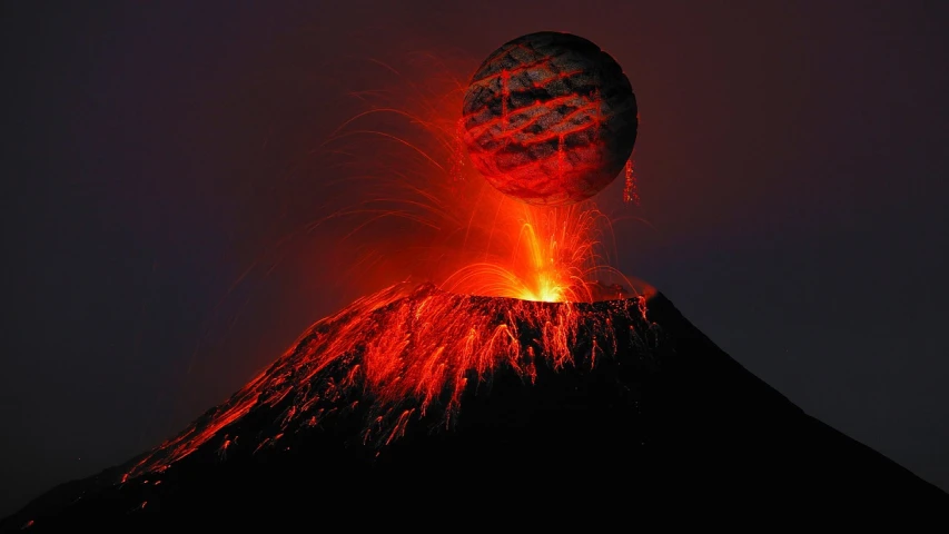 a close up of a mountain with a volcano in the background, a picture, by Hans Werner Schmidt, flickr, glowing magma sphere, ffffound, comet, photoshoot