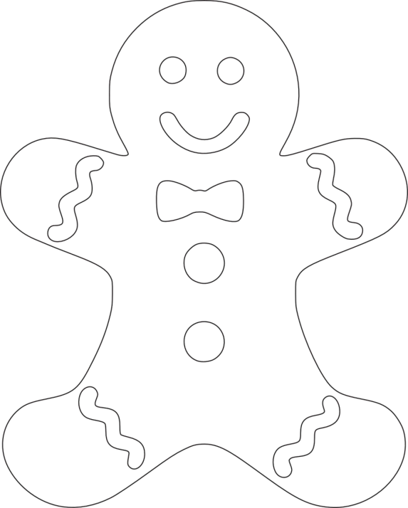 a black and white outline of a gingerbread, lineart, by Andrei Kolkoutine, pexels, sōsaku hanga, glowforge template, made of smooth black goo, coloured, full frontal portrait