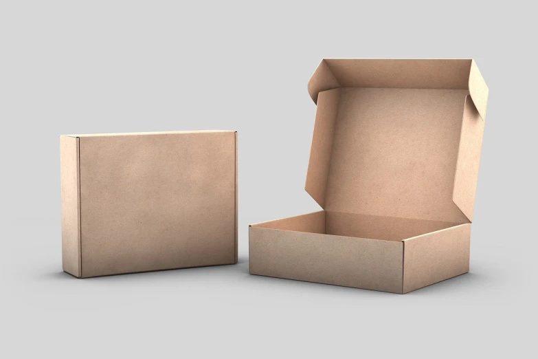 two open boxes sitting side by side on a gray surface, trending on polycount, conceptual art, brown paper, 3 d renders, postage, manila