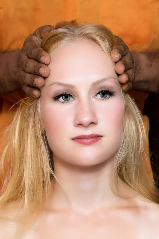 a woman getting her hair done by a man, a digital rendering, flickr, hyperrealism, third eye middle of forehead, beautiful blonde girl, india tika third eye, african facial features