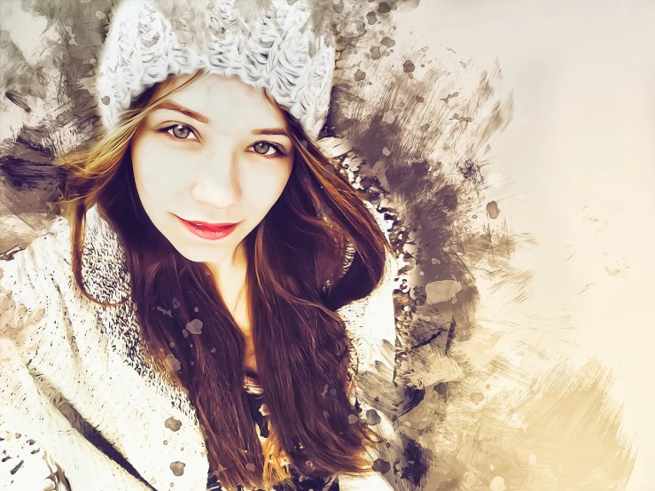 a close up of a person wearing a hat, a digital painting, by Lucia Peka, pixabay contest winner, digital art, only snow i the background, portrait of a beautiful girl, lomography photo effect, digital art - w 640