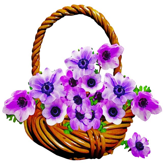 a wicker basket filled with purple and white flowers, a digital rendering, by George Barret, Jr., flickr, with a black background, anemones, beautiful flower, clipart