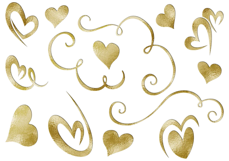 a bunch of gold hearts on a black background, a stipple, trending on pixabay, art nouveau, spirals and swirls, textured photoshop brushes, romantic simple path traced, golden elements at borders