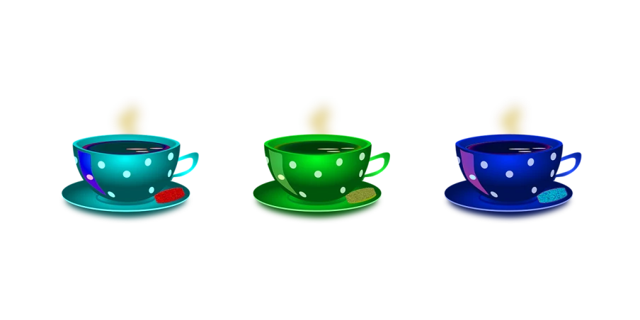 a group of three coffee cups sitting next to each other, polycount, digital art, amoled, colourfull, tea cup, lemon