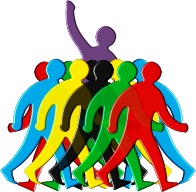 a group of people standing on top of each other, a digital rendering, by Susan Heidi, trending on pixabay, colorful uniforms, dark figures walking, colored accurately, wikipedia