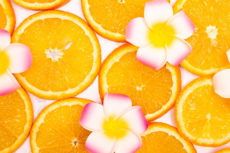 a bunch of orange slices with a flower on top, close-up product photo, setting is bliss wallpaper, plumeria, high detail product photo