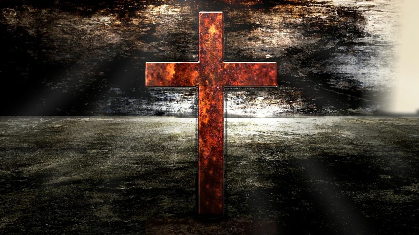 an image of a cross in a grungy room, a digital rendering, trending on pixabay, unilalianism, fire background, rusty metal, made of lava, profile pic
