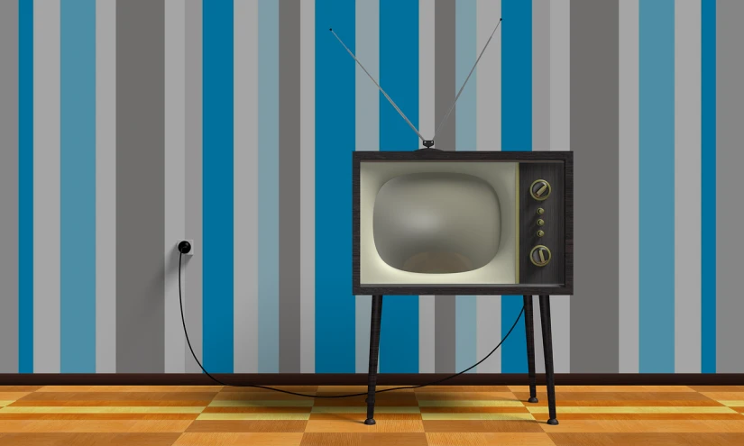 a television sitting on top of a wooden floor, inspired by Emiliano Ponzi, shutterstock, pop art, grey striped walls, blue, cable, tim hildebrant