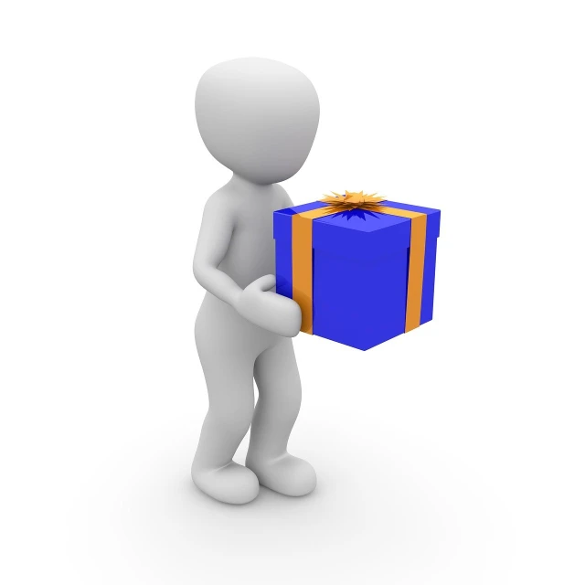 a person holding a blue and orange gift box, a picture, realism, 3 d character, pose 1 of 1 6, giving gifts to people, compressed jpeg