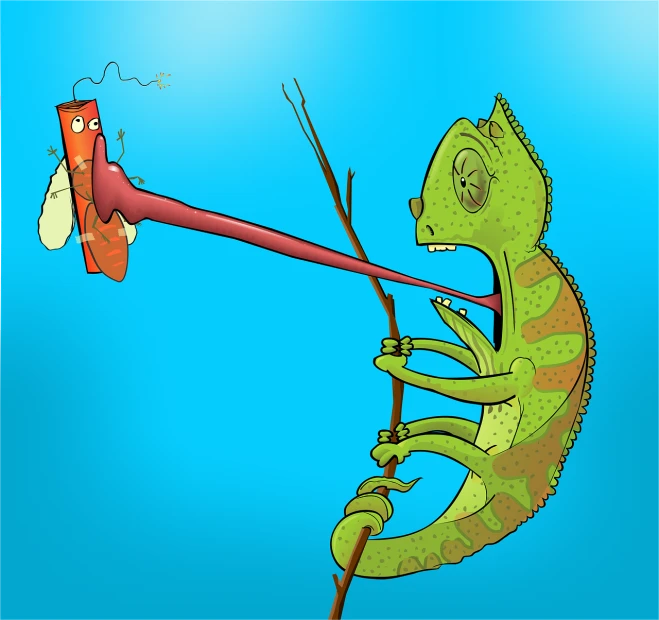 a cartoon chamelon sitting on top of a stick, an illustration of, by Tom Carapic, shutterstock contest winner, conceptual art, antropromorphic stick insect, holding a syringe!!, chameleon, devouring