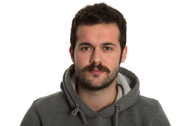 a close up of a person wearing a hoodie, a character portrait, by Miklós Borsos, corporate photo, bushy moustache, mid length portrait photograph, youtuber
