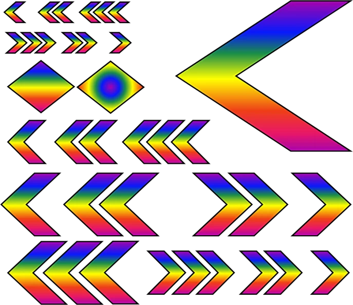 a number of different colored arrows on a black background, inspired by Gabriel Dawe, computer art, vaporwave textures, border pattern, black backround. inkscape, with gradients